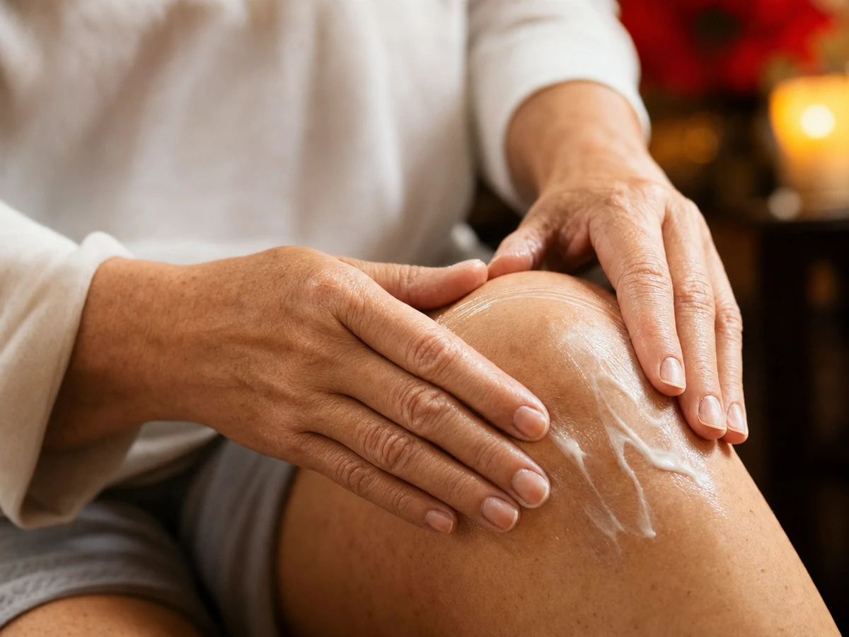 Manos aplicando la crema Ostex con masaje circular sobre la rodilla como rutina de cuidado articular